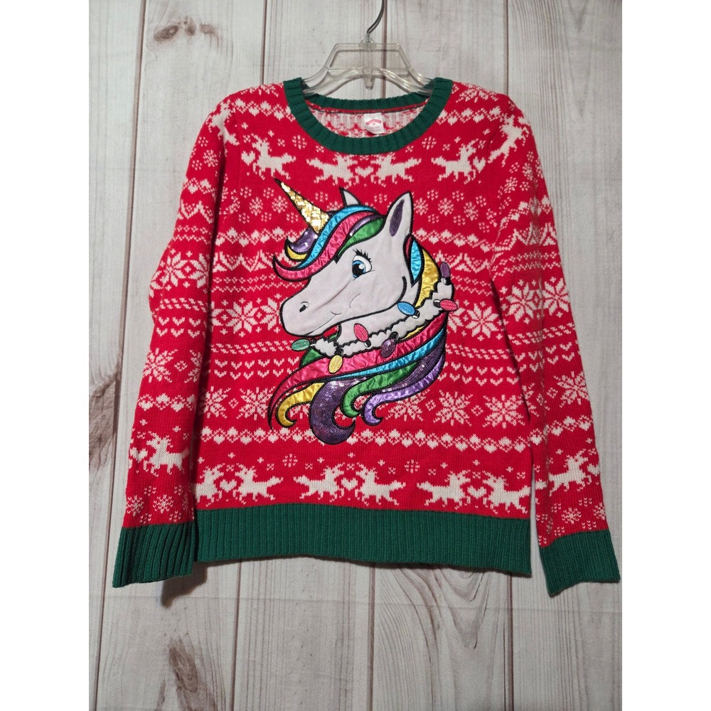 Holiday Time Girls Unicorn Ugly Christmas Sweater Red Fair Isle XXL 18 Winter